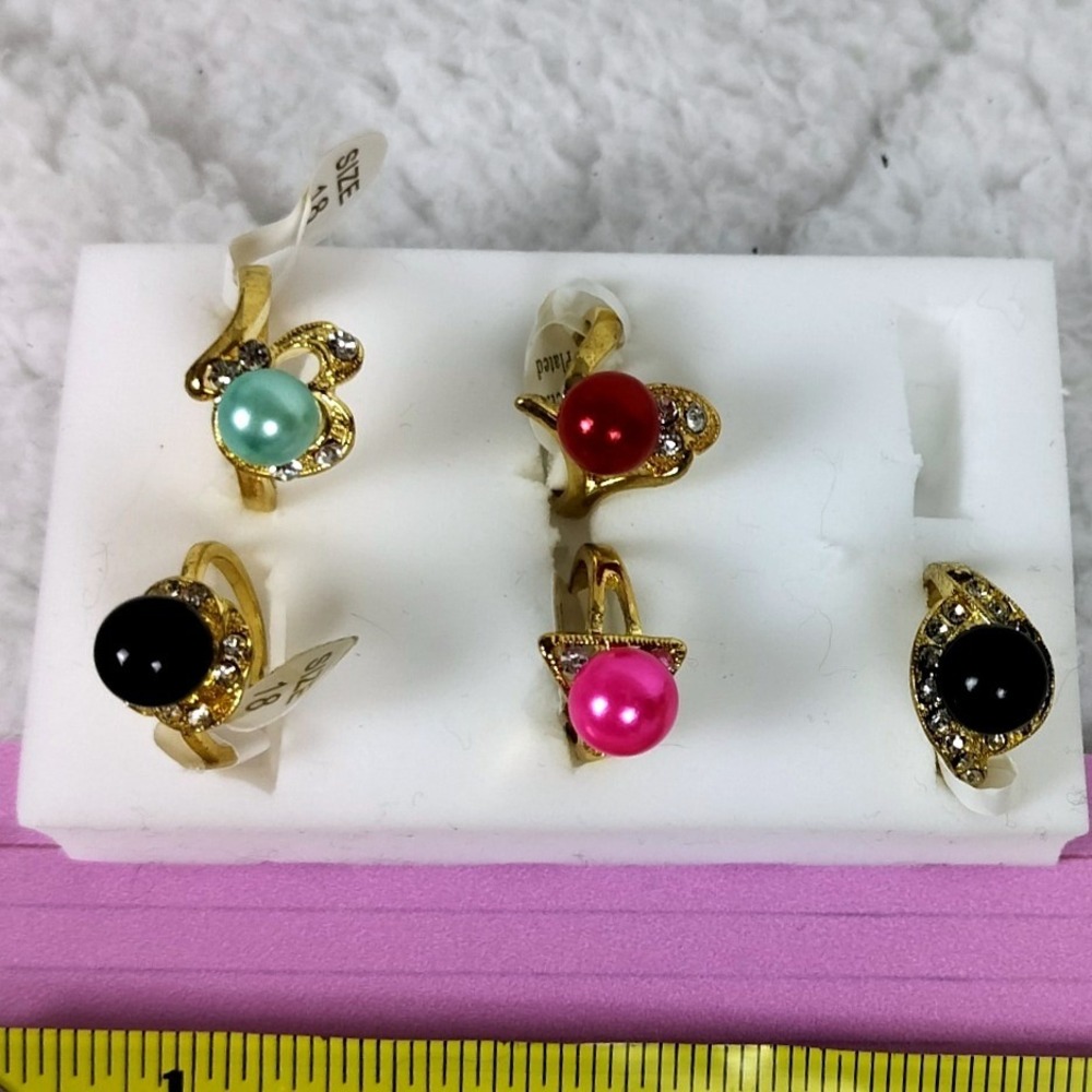 Gold‎ Tone Resin Pearl Rhinestone Ring Set Multicolor 3 Piece Bundle
